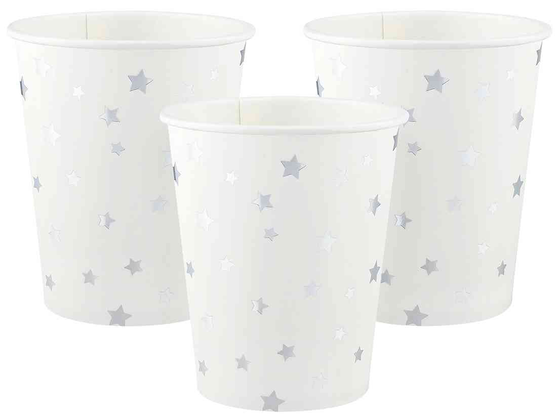 Стаканы бумажные Серебристые звезды Белый Серебро Металлик 250мл (уп6) ВВ