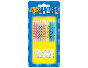 Свеча для торта с держателем Точки Горошек блистер 6см 9х19,5см (уп12)