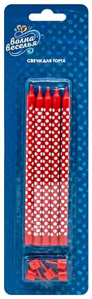 Свеча для торта с держателем Горошки Красные белые 15см (уп5)