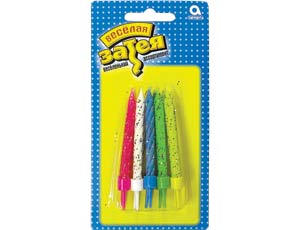 Свеча для торта с держателем витая Блеск ассорти 6см (уп10)