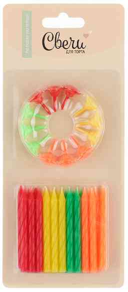 Свеча для торта с держателем витая Неон (уп24)