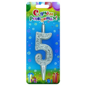 Свеча для торта Цифра Серебряная узорная "5"