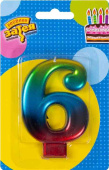 Свеча для торта Цифра Радуга металлик "6" 8см