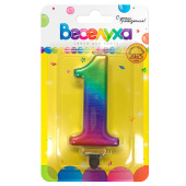 Свеча для торта Цифра Радуга металлик "1" 9см