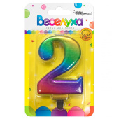 Свеча для торта Цифра Радуга металлик "2" 9см