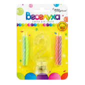 Свеча для торта Цифра С мигающим держателем "2" (свечи 4шт 6см мигающий держатель 8см)