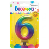 Свеча для торта Цифра Радуга металлик "6" 9см