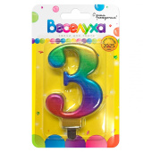 Свеча для торта Цифра Радуга металлик "3" 9 см.