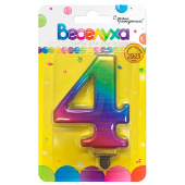 Свеча для торта Цифра Радуга металлик "4" 9см