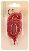 Свеча для торта Цифра Овал Красный с блестками "6" 8см