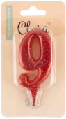 Свеча для торта Цифра Овал Красный с блестками "9" 8см