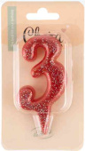 Свеча для торта Цифра Овал Красный с блестками "3" 8см