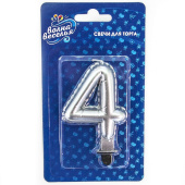 Свеча для торта Цифра Воздушный шарик Серебро металлик "4" 8см