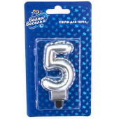 Свеча для торта Цифра Воздушный шарик Серебро металлик "5" 8см