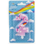Свеча для торта Цифра Волшебные единороги Розовый "2" 9см
