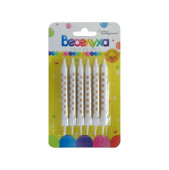 Свеча для торта с держателем Звезды Золотые белые с золотой печатью 9,5см (уп6)