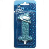 Свеча для торта Цифра 1 Шляпа для джентльмена Голубой с блестками 9см  