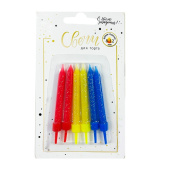 Свеча для торта с держателем витая Микс с глиттером Желтые фуксия синие (уп6)