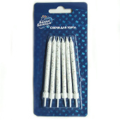 Свеча для торта с держателем Яркие искры Белый с блестками 8см (уп6)