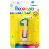 Свеча для торта Цифра Разноцветный градиент с глиттером "1" 6см