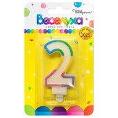 Свеча для торта Цифра Разноцветный градиент с глиттером "2" 6см