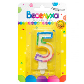 Свеча для торта Цифра Разноцветный градиент с глиттером "5" 6см