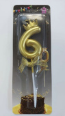 Свеча для торта Цифра корона Золото с бантом "6"