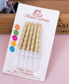 Свеча для торта с держателем металлик витая Золото (уп10)