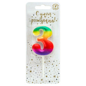 Свеча для торта Цифра Радуга Градиент "3" 4,3см 1шт