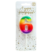 Свеча для торта Цифра Радуга Градиент "6" 4,3см 1шт