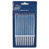 Свеча для торта с держателем Голубой с блестками 10см уп10