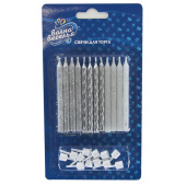 Свеча для торта с держателем Серебряный микс металлик с блестками 7,5см уп12