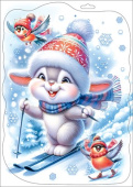 НГ Наклейка Зайчик и снегирь на лыжах А4