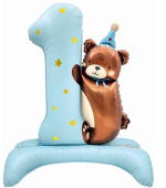 Шар фольга Цифра на подставке 35"FL Голубой "1 Годик" Мишка в колпачке Сатин (упак)