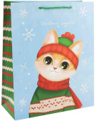 НГ Пакет бумажный M 18х23см С Новым годом! котик в шапочке Металлик