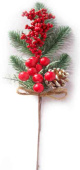 НГ Декоративное украшение Ветка ели искусственная с красными ягодами и шишкой 38см ВП