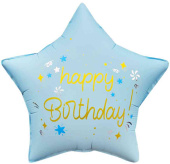 Шар фольга с рисунком 18" FL звезда Happy Birthday Звездочки Голубой Сатин